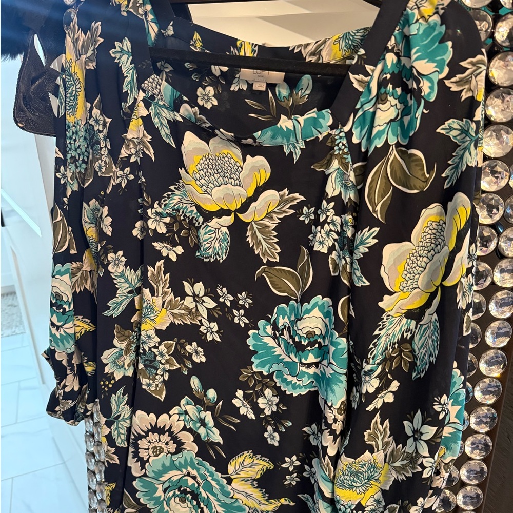 LOFT Black and Teal Floral Blouse